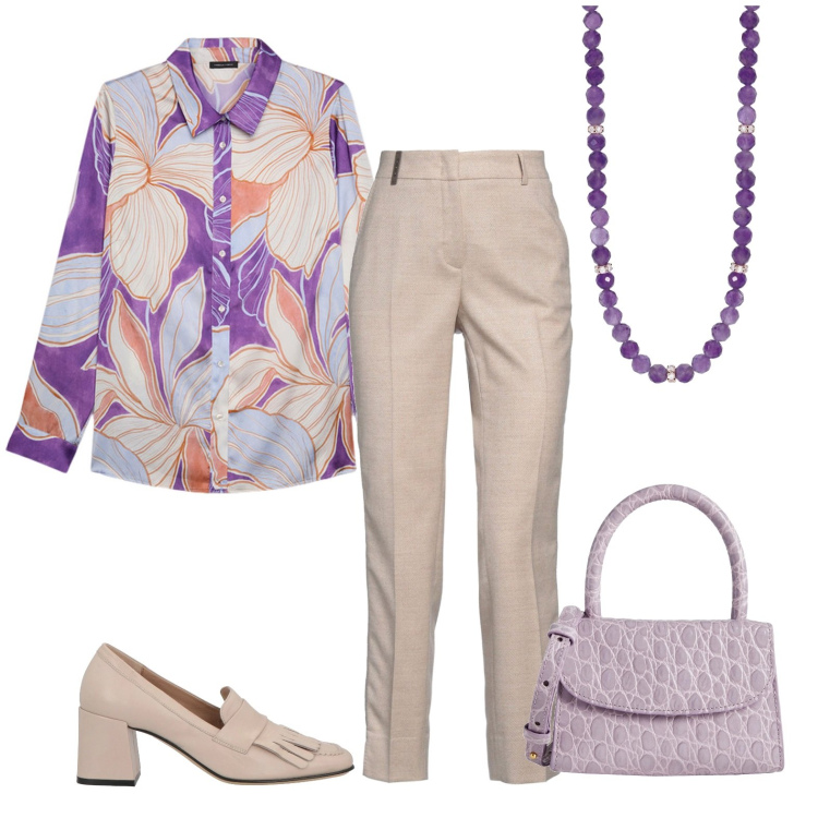 Outfit donna - Incontro di amici. Stile Bon Ton per Serata fuori. Abbinamento con borse a mano, pantaloni, mocassini, collane, camicie.