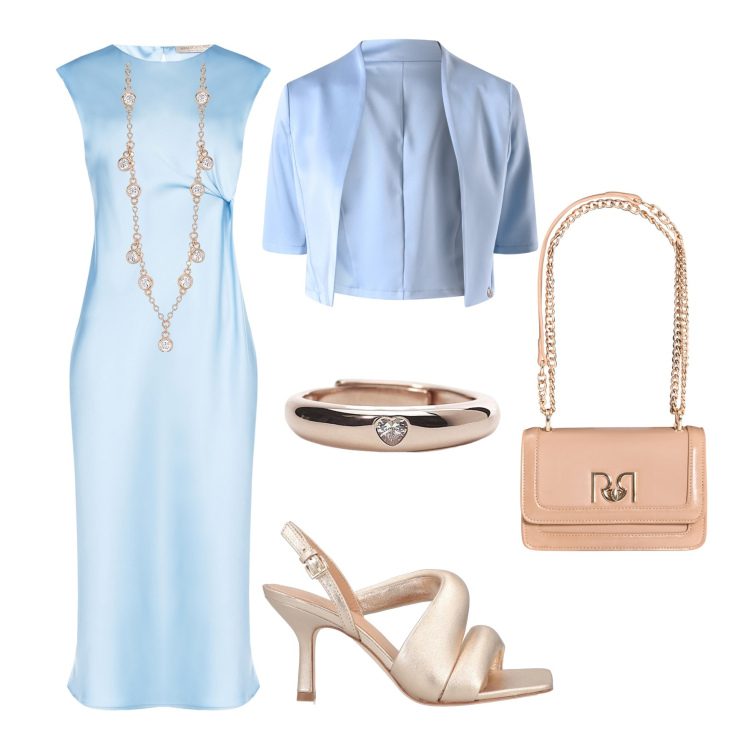 Outfit donna - Evento primaverile - @Mery_844. Stile Chic per Cerimonia. Abbinamento con sandali in pelle, vestiti midi/longuette, bolero, borse a tracolla, collane, anelli.