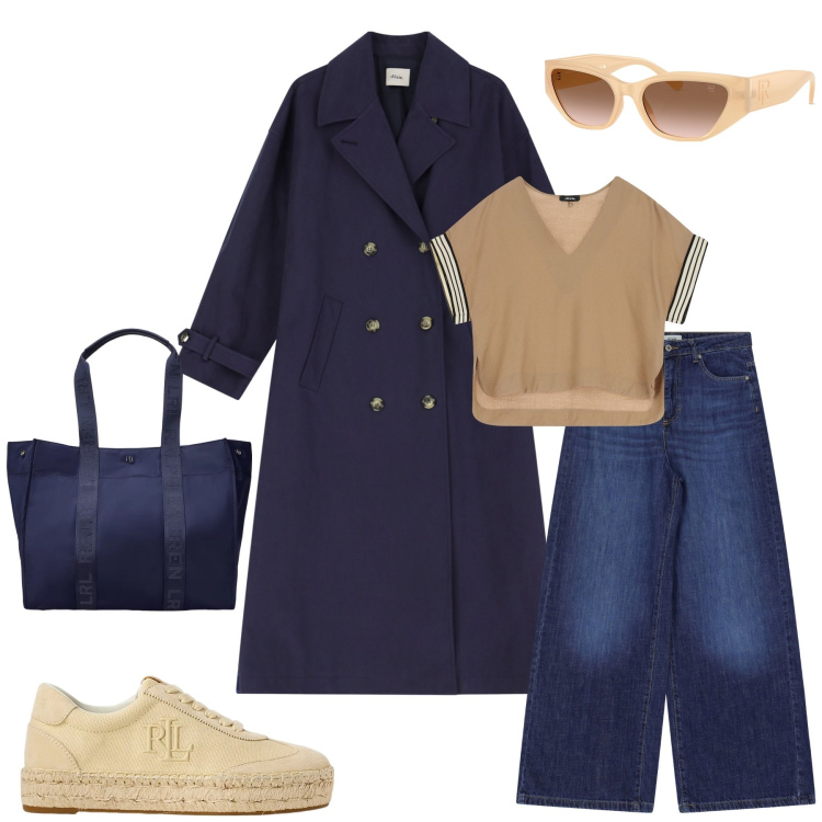 Outfit donna - Seville 3. Stile Casual chic per Tutti i giorni. Abbinamento con trench, t-shirt, jeans, sneakers, borse tote, occhiali da sole.