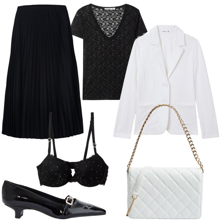 Outfit donna - Sheer elegance. Stile Trendy per Serata fuori. Abbinamento con reggiseni push-up, t-shirt, blazer, borse a tracolla, ballerine, gonne longuette.