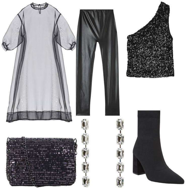 Outfit donna - Sheer elegance. Stile Glamour per Serata fuori. Abbinamento con treggings, stivaletti, orecchini, vestiti lunghi, top, borse a tracolla.