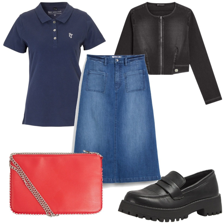 Outfit donna - Total look #2085728. Stile Trendy per Tutti i giorni. Abbinamento con gonne longuette, polo, borse a tracolla, mocassini, blazer.