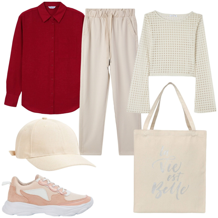 Outfit donna - Terranova primavera. Stile Sporty chic per Tutti i giorni. Abbinamento con maglieria, camicie, borse tote, cappelli, sneakers, pantaloni skinny.
