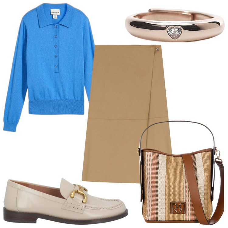 Outfit donna - Total look #2085731. Stile Trendy per Tutti i giorni. Abbinamento con polo, mocassini, anelli, borse a secchiello, gonne longuette.