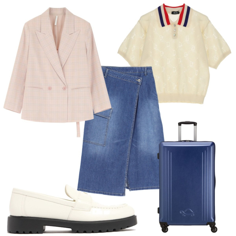 Outfit donna - Total look #2085735. Stile Trendy per Tutti i giorni. Abbinamento con gonne longuette, blazer, polo, mocassini, valigie.