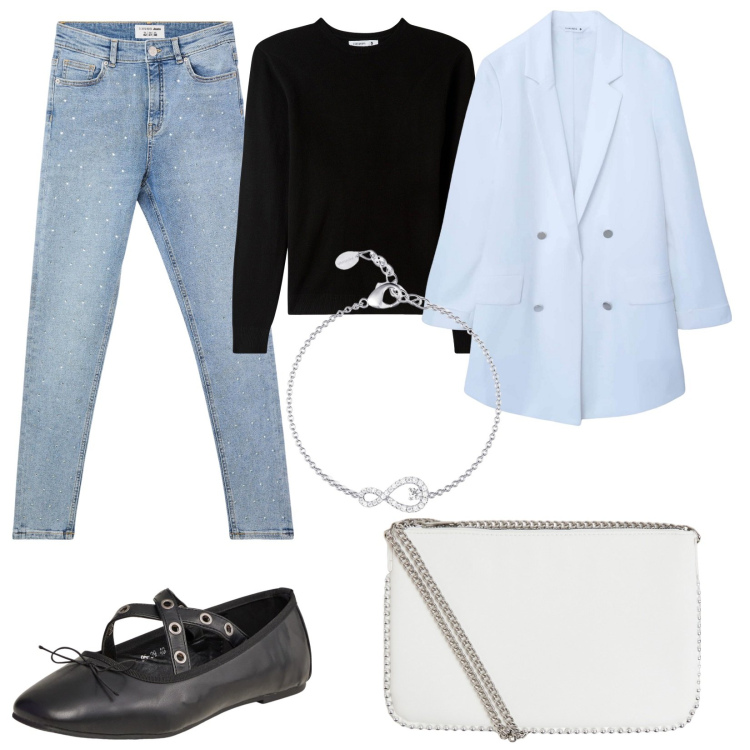 Outfit donna - Terranova primavera. Stile Casual per Ufficio. Abbinamento con blazer, ballerine, jeans skinny, maglieria, borse a tracolla, braccialetti.