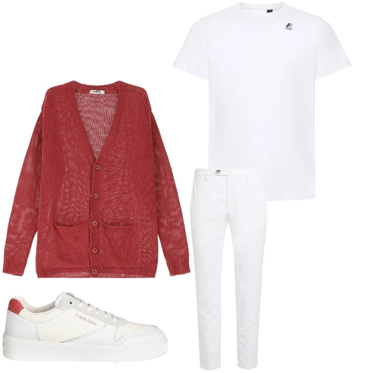 Outfit uomo - Bentornata primavera. Stile Casual per Tutti i giorni. Abbinamento con pantaloni chino, sneakers, cardigans, t-shirt.