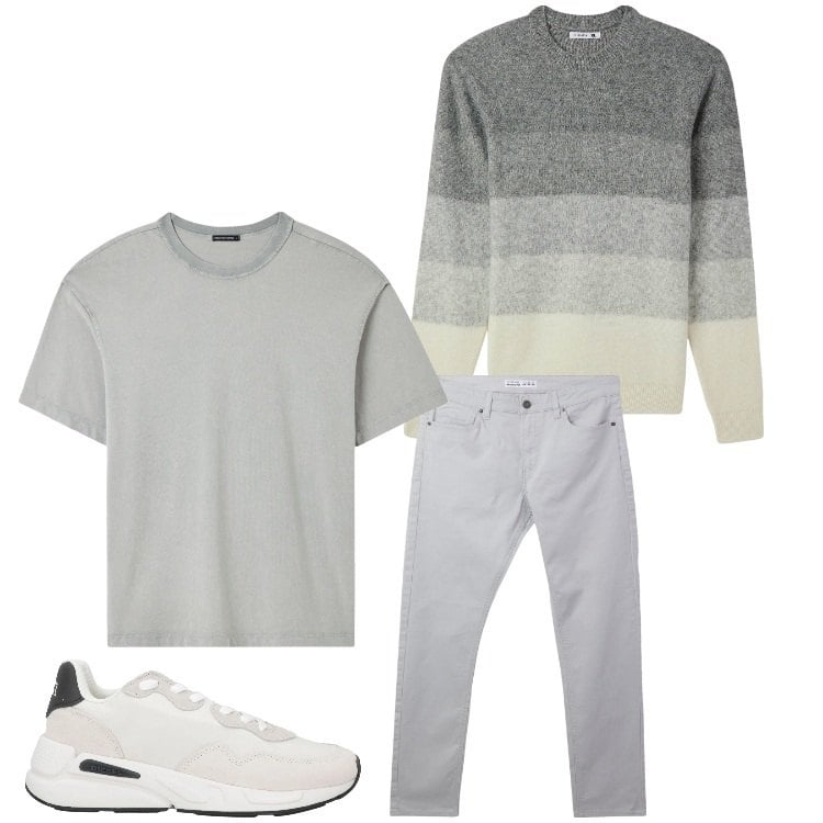 Outfit uomo - Scala di grigi. Stile Casual per Tutti i giorni. Abbinamento con sneakers, pantaloni skinny, t-shirt, maglieria.