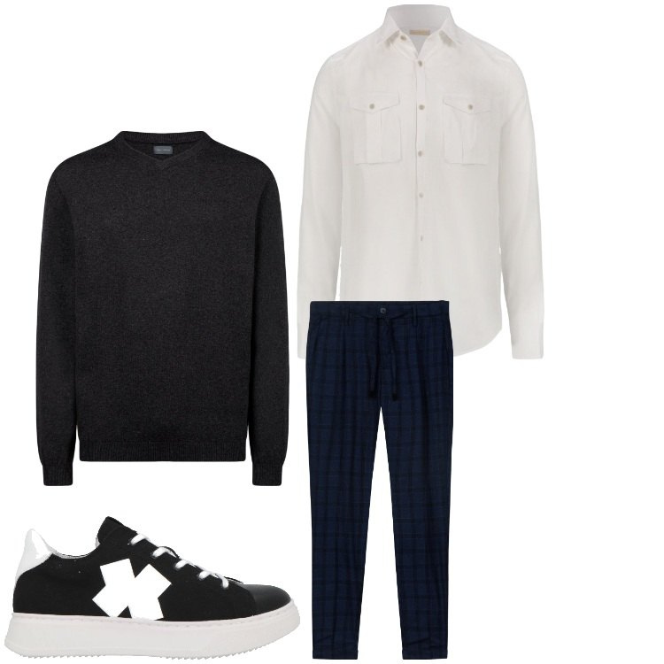 Outfit uomo - Bianco e nero. Stile Business/Elegante per Ufficio. Abbinamento con sneakers, pantaloni, maglieria, camicie.