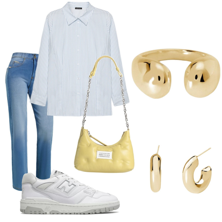 Outfit donna - I colori della rinascita. Stile Basic per Tutti i giorni. Abbinamento con borse a spalla, anelli, orecchini, sneakers, jeans, camicie.