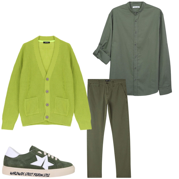 Outfit uomo - In verde. Stile Casual per Tutti i giorni. Abbinamento con cardigans, sneakers, camicie, pantaloni chino.