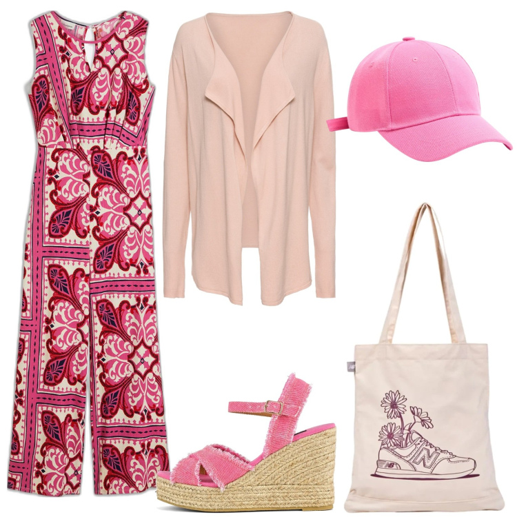 Outfit donna - Bantoa spring. Stile Etnico per Tutti i giorni. Abbinamento con cardigans, tute, cappelli, shopping bag, sandali col tacco.