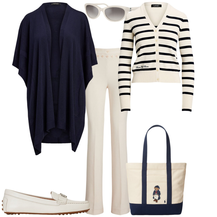 Outfit donna - Total look #2085759. Stile Chic per Ufficio. Abbinamento con occhiali da sole, mocassini, borse tote, pantaloni, cappe, cardigans.