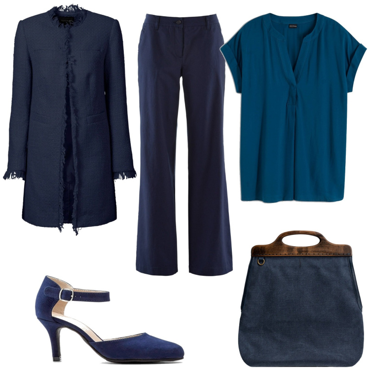 Outfit donna - Bantoa spring. Stile Minimal per Ufficio. Abbinamento con pantaloni, blazer, bluse, décolleté, borse a tracolla.