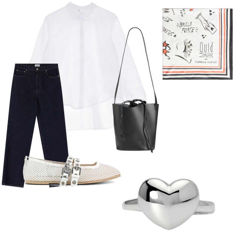 Outfit donna - Sheer elegance. Stile Chic per Serata fuori. Abbinamento con borse a mano, anelli, camicie, jeans dritti, ballerine, foulard.