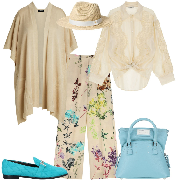 Outfit donna - Week end al mare. Stile Romantica per Mare. Abbinamento con borse a mano, mocassini, pantaloni a palazzo, camicie, cappelli, cappe.