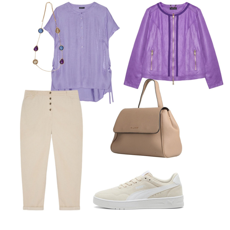 Outfit donna - Per un caffè al volo. per Tutti i giorni. Abbinamento con zaini, sneakers, bluse, blazer, pantaloni, collane.