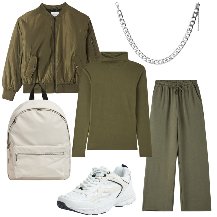 Outfit donna - Verde militare e bianco. Stile Sporty chic per Tutti i giorni. Abbinamento con pantaloni, collane, maglieria, bomber, sneakers, zaini.