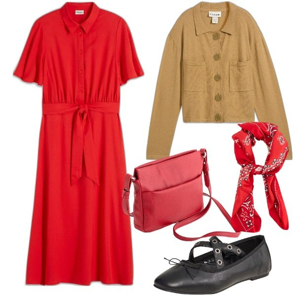 Outfit donna - Il cardigan come giacca. Stile Basic per Tutti i giorni. Abbinamento con vestiti chemisier, cardigans, ballerine, borse a tracolla, foulard.