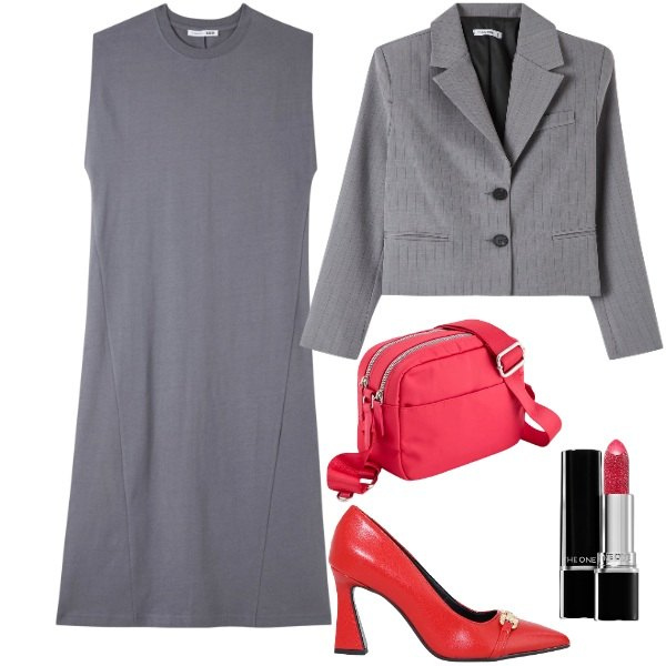 Outfit donna - Grigio e rosso. Stile Basic per Ufficio. Abbinamento con rossetti, vestiti senza maniche, blazer, décolleté, borse a tracolla.