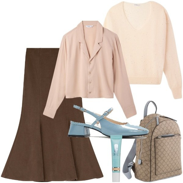 Outfit donna - Al lavoro. Stile Bon Ton per Ufficio. Abbinamento con décolleté, correttori, camicie, maglieria, gonne, zaini.