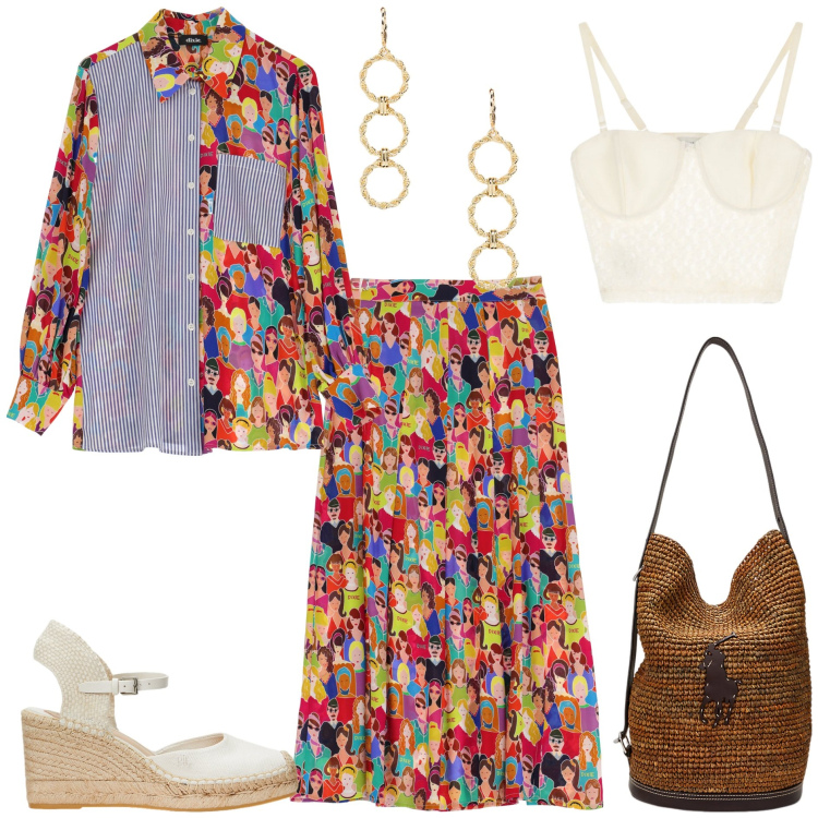 Outfit donna - Dixie -Sognando Siviglia SS25. Stile Etnico per Tutti i giorni. Abbinamento con gonne lunghe, camicie, top, espadrillas, borse a mano, orecchini.