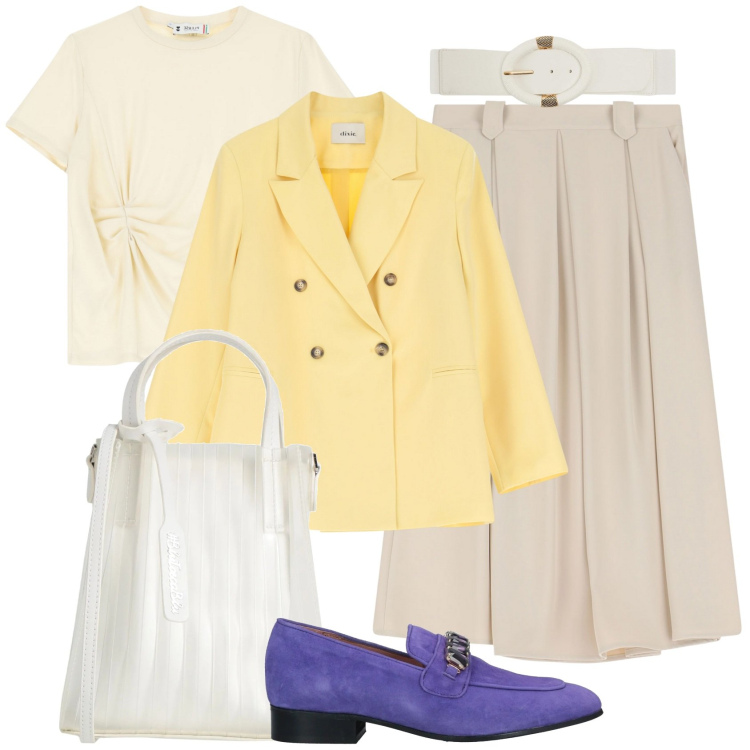 Outfit donna - Butter yellow e un tocco di viola. Stile Glamour per Tutti i giorni. Abbinamento con borse a mano, mocassini, cinture, t-shirt, blazer, gonne longuette.