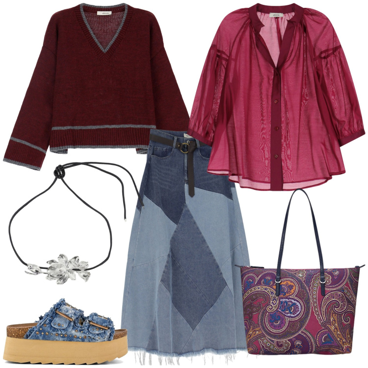 Outfit donna - Dixie - Sognando Siviglia SS25. Stile Trendy per Tutti i giorni. Abbinamento con gonne longuette, maglieria, camicie, collane, borse tote, zeppe.