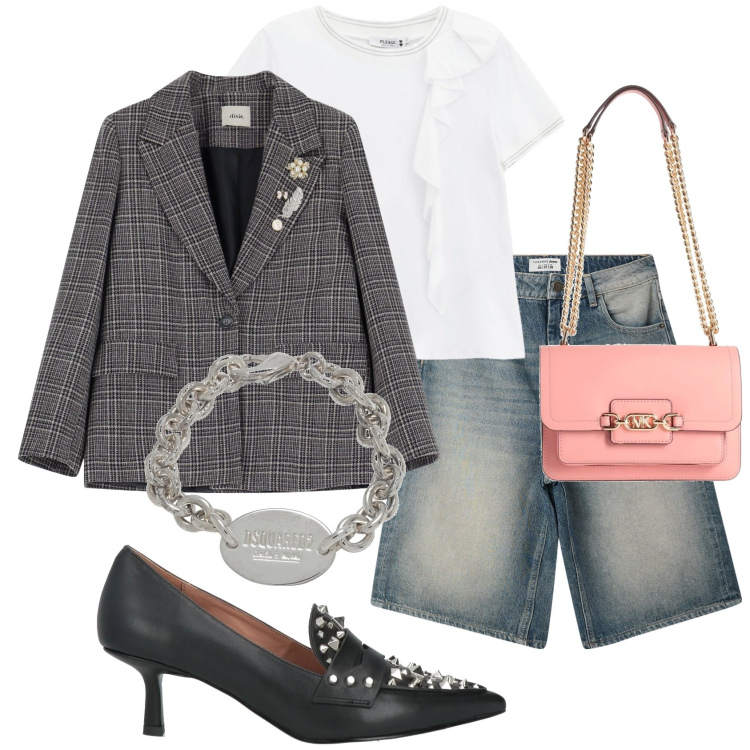 Outfit donna - Bermuda di jeans. Stile Urban per Tutti i giorni. Abbinamento con borse a spalla, braccialetti, mocassini, bermuda, t-shirt, blazer.