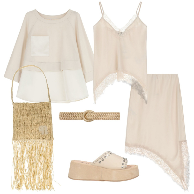 Outfit donna - Total look #2085808. Stile Casual chic per Tutti i giorni. Abbinamento con sandali in pelle, borse a spalla, cinture, felpe, gonne longuette, top.