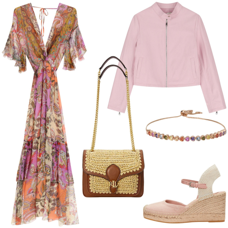 Outfit donna - Dixie - Sognando Siviglia SS25. Stile Boho per Tutti i giorni. Abbinamento con braccialetti, giacche, vestiti lunghi, borse a spalla, espadrillas.