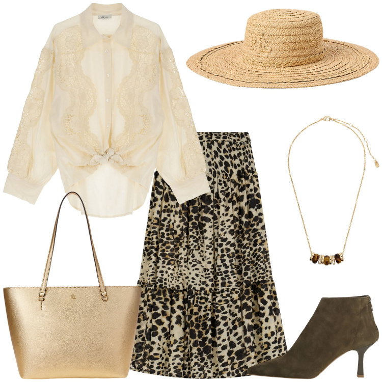 Outfit donna - Dixie - Sognando Siviglia SS25. Stile Glamour per Tutti i giorni. Abbinamento con camicie, stivaletti, gonne lunghe, collane, borse tote, cappelli.