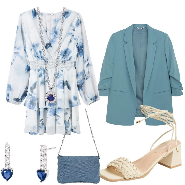 Outfit donna - Terranova -New Collection PE25. Stile Casual chic per Cerimonia. Abbinamento con vestiti corti, blazer, sandali alla schiava, borse a tracolla, collane, orecchini.