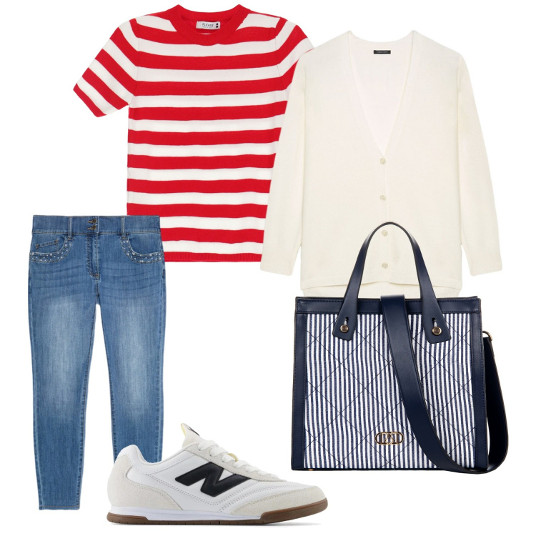 Outfit donna - Sportiva. per Tutti i giorni. Abbinamento con sneakers, shopping bag, maglieria, jeans skinny, cardigans.