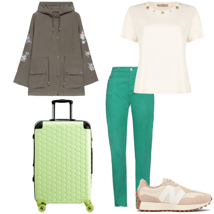 Outfit donna - Si part. per Mare. Abbinamento con pantaloni, t-shirt, sneakers, parka, valigie.