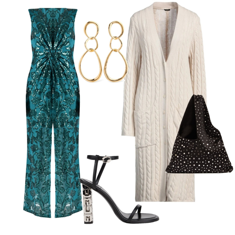 Outfit donna - Serata con amici. per Serata fuori. Abbinamento con cardigans, sandali in pelle, vestiti lunghi, borse a spalla, orecchini.