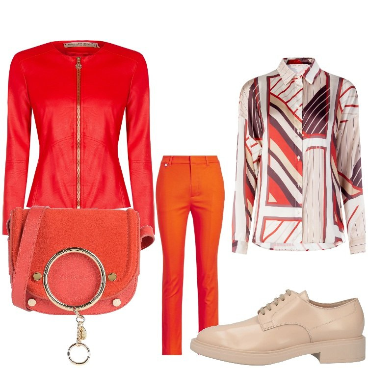 Outfit donna - Lovely red. Stile Casual chic per Ufficio. Abbinamento con scarpe stringate, borse a tracolla, giacche, camicie, pantaloni.