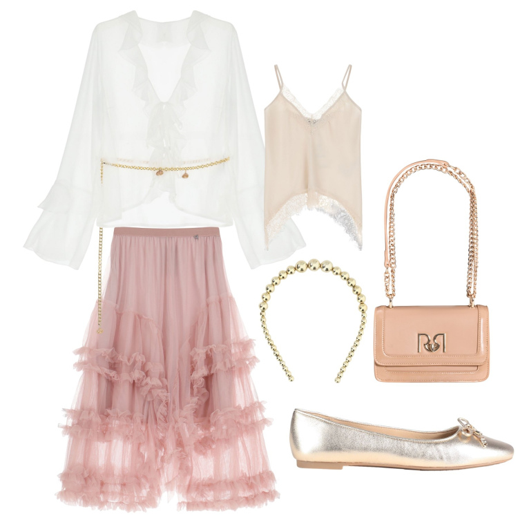 Outfit donna - Chic spring. Stile Romantica per Serata fuori. Abbinamento con ballerine, bluse, borse a tracolla, gonne lunghe, top, cerchietti.