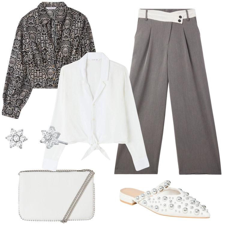 Outfit donna - Total look #2085830. Stile Casual chic per Serata fuori. Abbinamento con bluse, pantaloni, camicie, ballerine, borse a tracolla, orecchini.