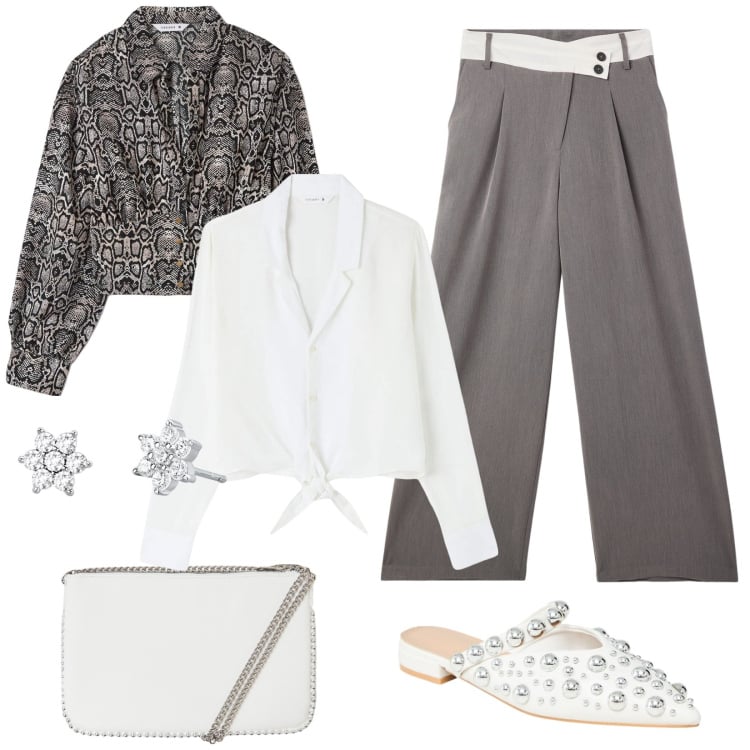 Outfit donna - Total look #2085830. Stile Casual chic per Serata fuori. Abbinamento con bluse, pantaloni, camicie, ballerine, borse a tracolla, orecchini.