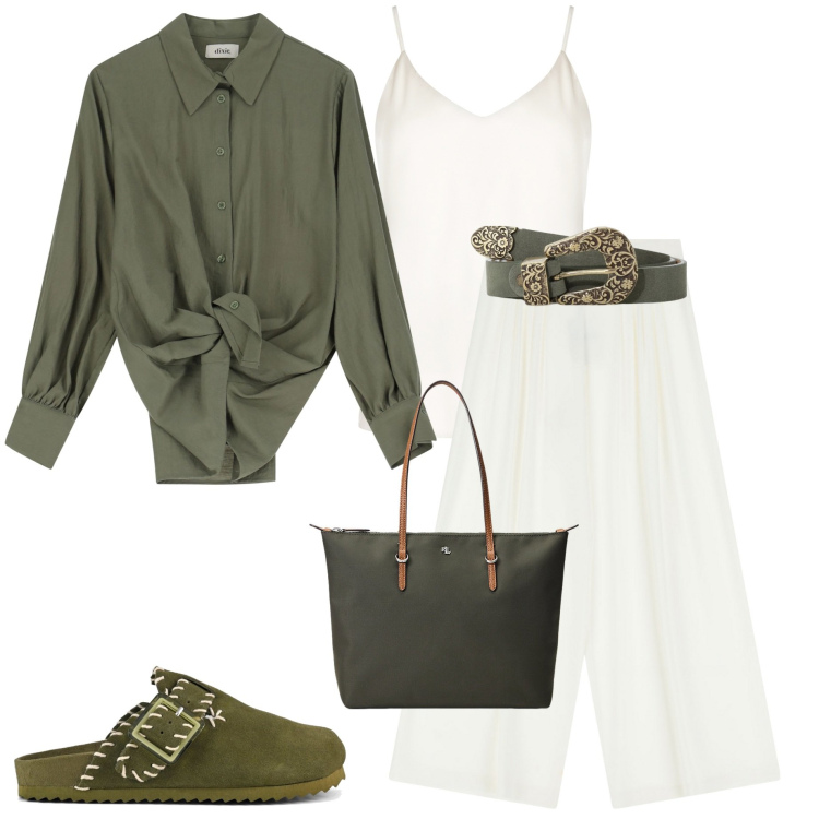 Outfit donna - Una camicia per me. Stile Casual chic per Serata fuori. Abbinamento con top, pantaloni a palazzo, camicie, cinture, borse tote, sabot.