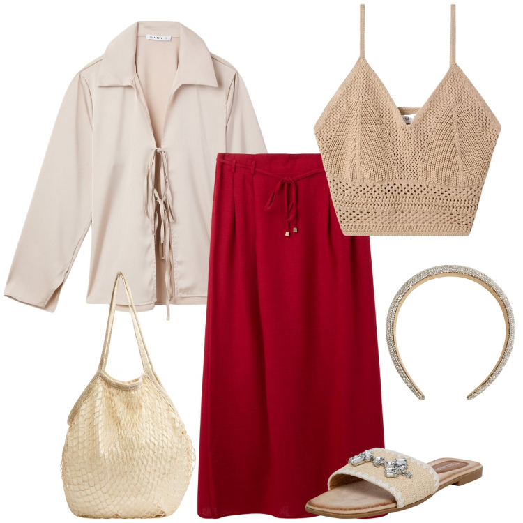 Outfit donna - Total look #2085837. Stile Casual per Tutti i giorni. Abbinamento con cerchietti, gonne lunghe, camicie, ciabatte, top, borse a tracolla.