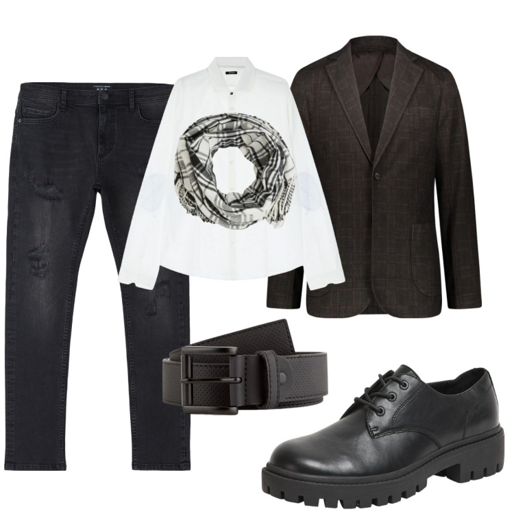 Outfit uomo - Total look #2085841. Stile Trendy per Tutti i giorni. Abbinamento con jeans strappati, scarpe stringate, sciarpe, camicie, giacche, cinture.
