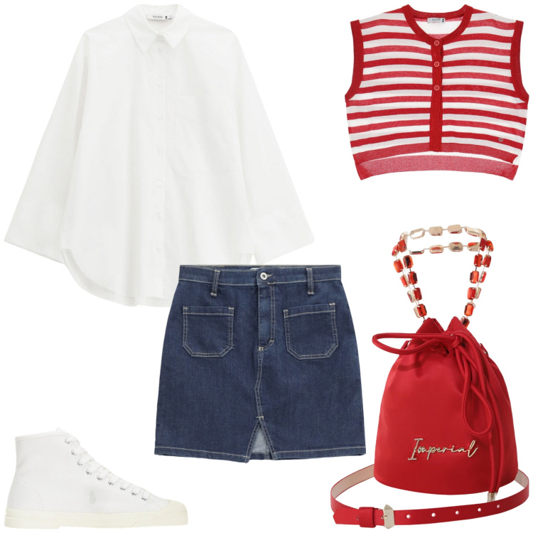 Outfit donna - Please - Ispirazione Saint Tropez SS25. Stile Preppy per Tutti i giorni. Abbinamento con gilet, minigonne, camicie, borse a secchiello, sneakers alte.