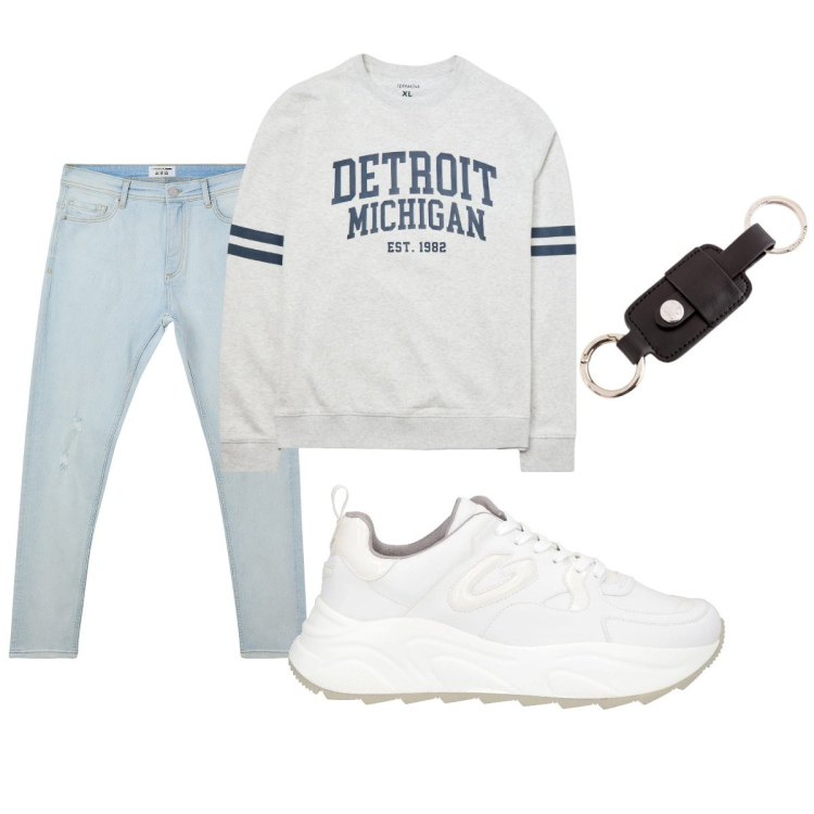 Outfit uomo - Total look #2085852. Stile Casual per Tutti i giorni. Abbinamento con sneakers, felpe, jeans strappati, portachiavi.