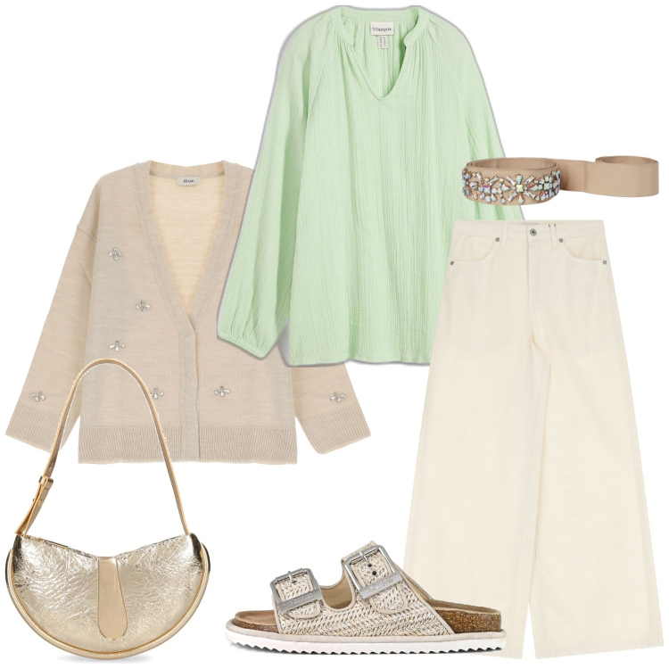 Outfit donna - Total look #2085853. Stile Casual per Tutti i giorni. Abbinamento con tuniche, cardigans, jeans, cinture, sandali, borse a spalla.