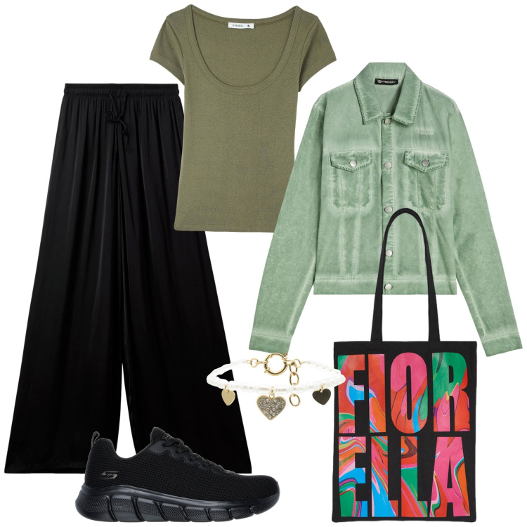 Outfit donna - "Fiorella". Stile Sporty chic per Tutti i giorni. Abbinamento con t-shirt, pantaloni a palazzo, blazer, braccialetti, sneakers, borse tote.