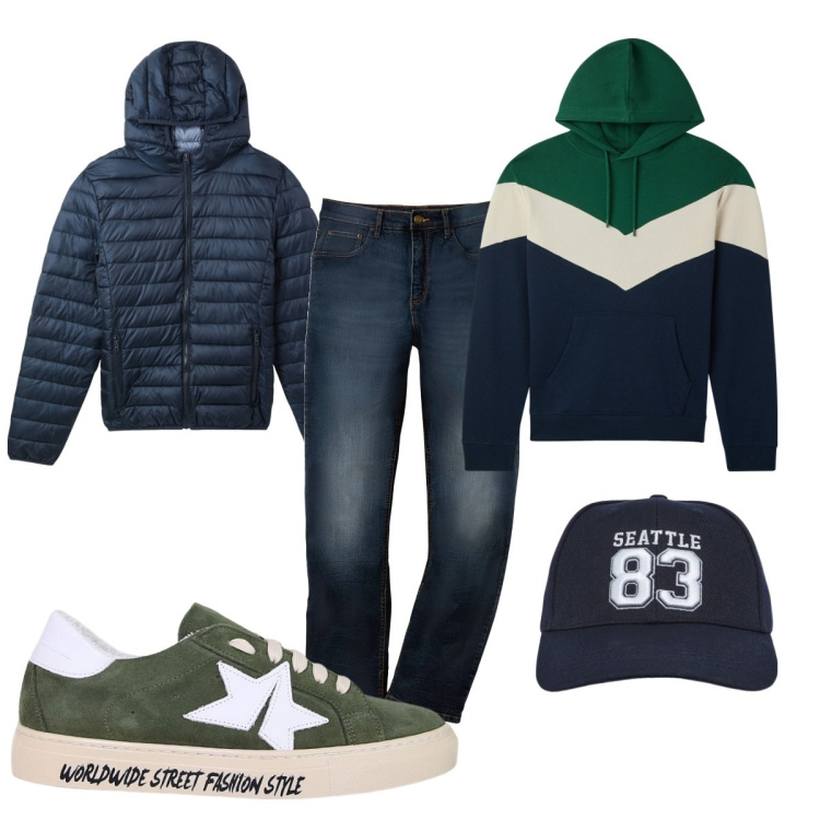 Outfit uomo - Total look #2085861. Stile Casual per Tutti i giorni. Abbinamento con jeans dritti, piumini, cappelli, felpe con cappuccio, sneakers.