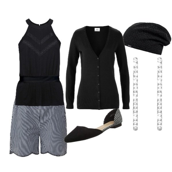 Outfit donna - Comoda con le ballerine. Stile Bon Ton per Tutti i giorni. Abbinamento con cardigans, top, pantalone corto multicolore e blu, ballerine con pattern nero, berretto beanie in in maglia taglia unica nero e grigio, orecchini.
