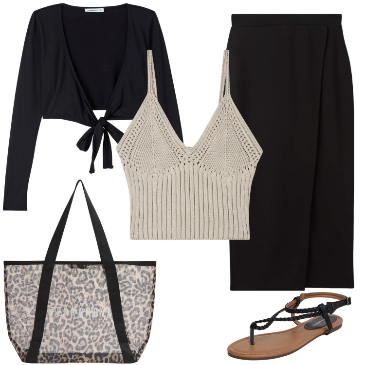 Outfit donna - Apericena in spiaggia. Stile Glamour per Mare. Abbinamento con ciabatte, blazer, top, shopping bag, gonne longuette.